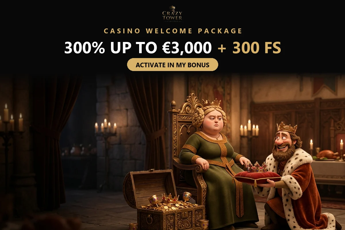 king-kneeling-before-the-queen-with-a-treasure-chest-for-the-crazy-tower-casino-welcome-package