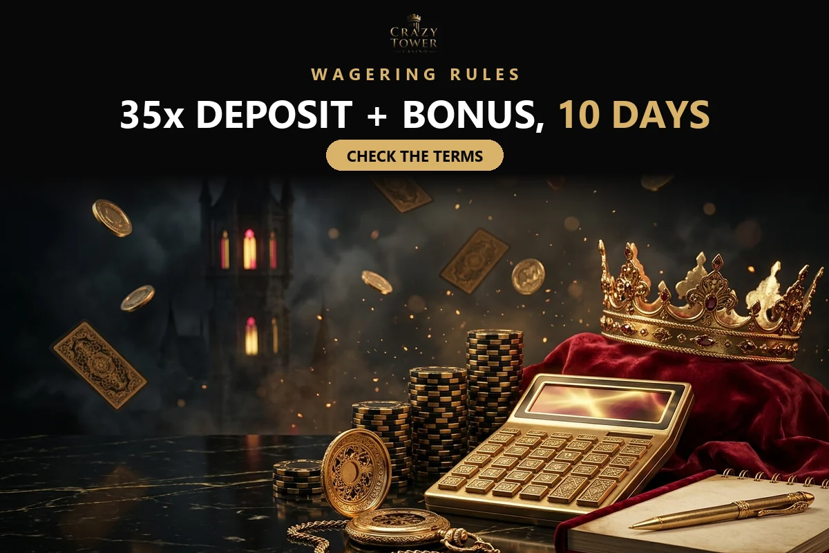 gold-calculator-beside-a-crown-and-casino-chips-for-crazy-tower-bonus-wagering-rules