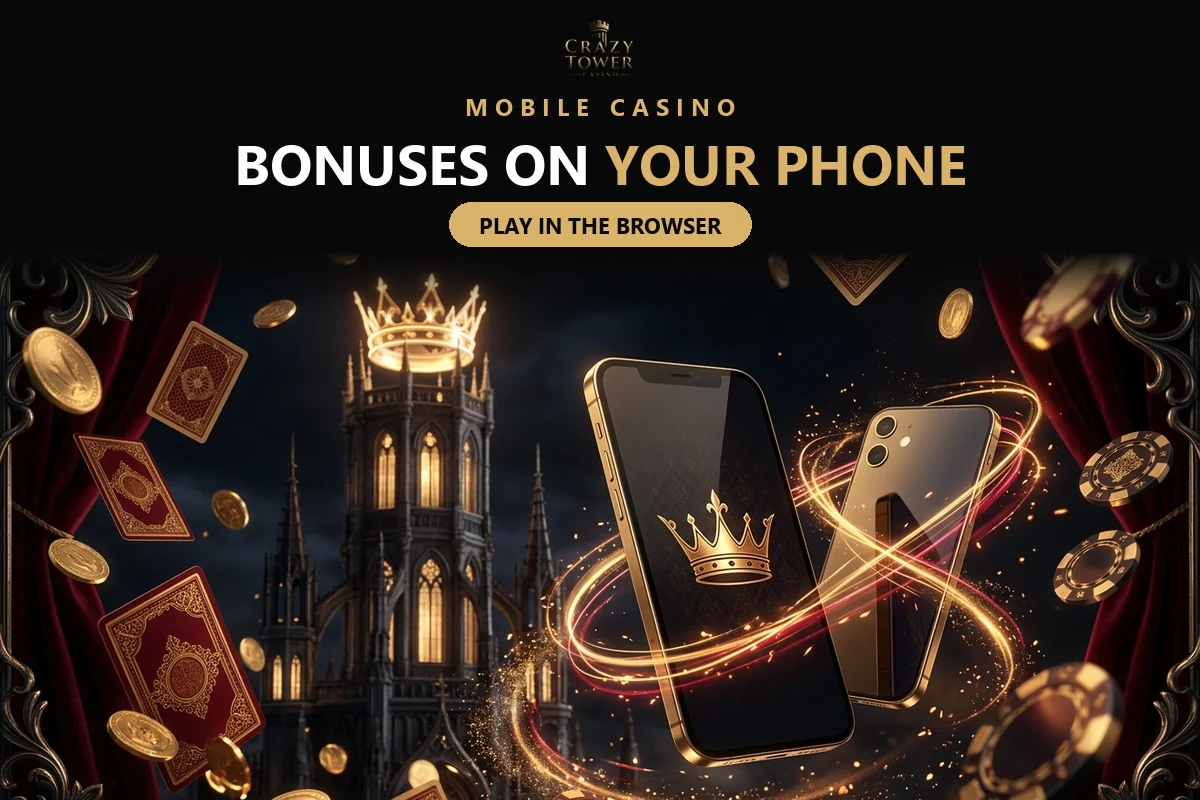 smartphone-with-a-crown-icon-beside-a-gothic-tower-for-claiming-crazy-tower-offers-on-mobile